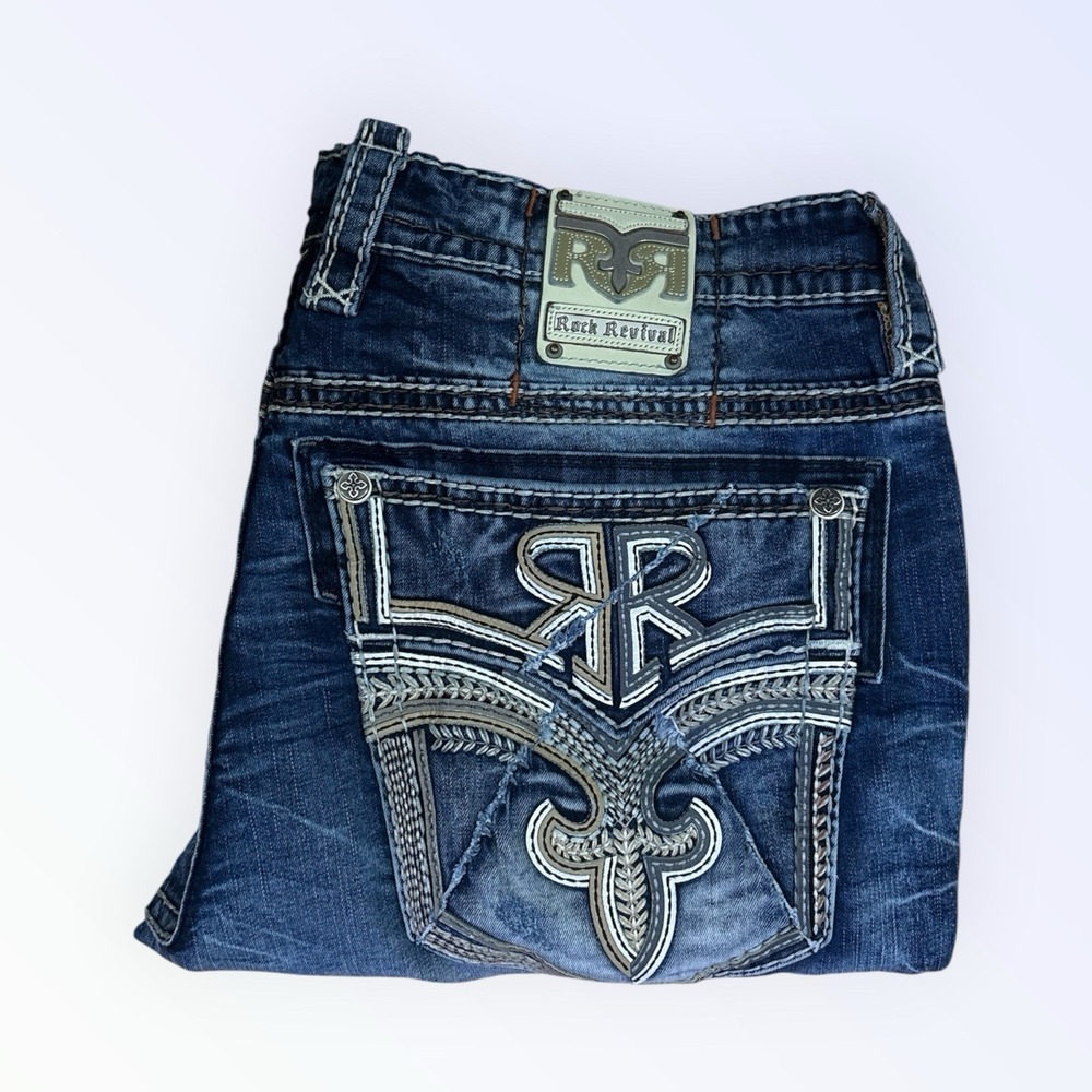 ROCK REVIVAL JEANS MENS 40 GARRIE SLIM STRAIGHT EMBELLISHED POCKETS